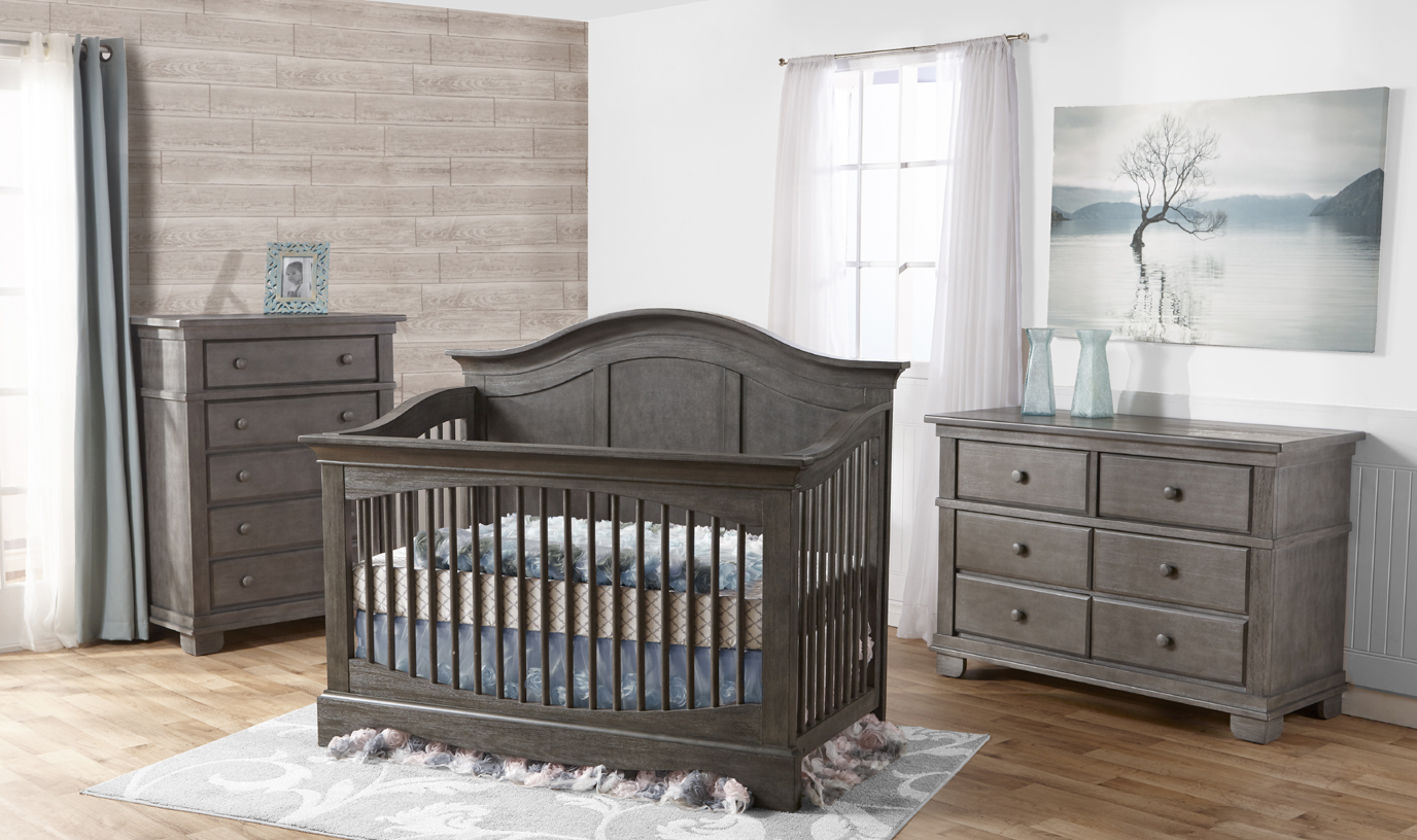 The <b>Enna Forever Crib</b> is a sweet and stylish piece that coordinates nicely with the Ragusa, Marina, Modena and Torino Collections.<br>  Here shown with Torino case goods, in Distressed Granite. 