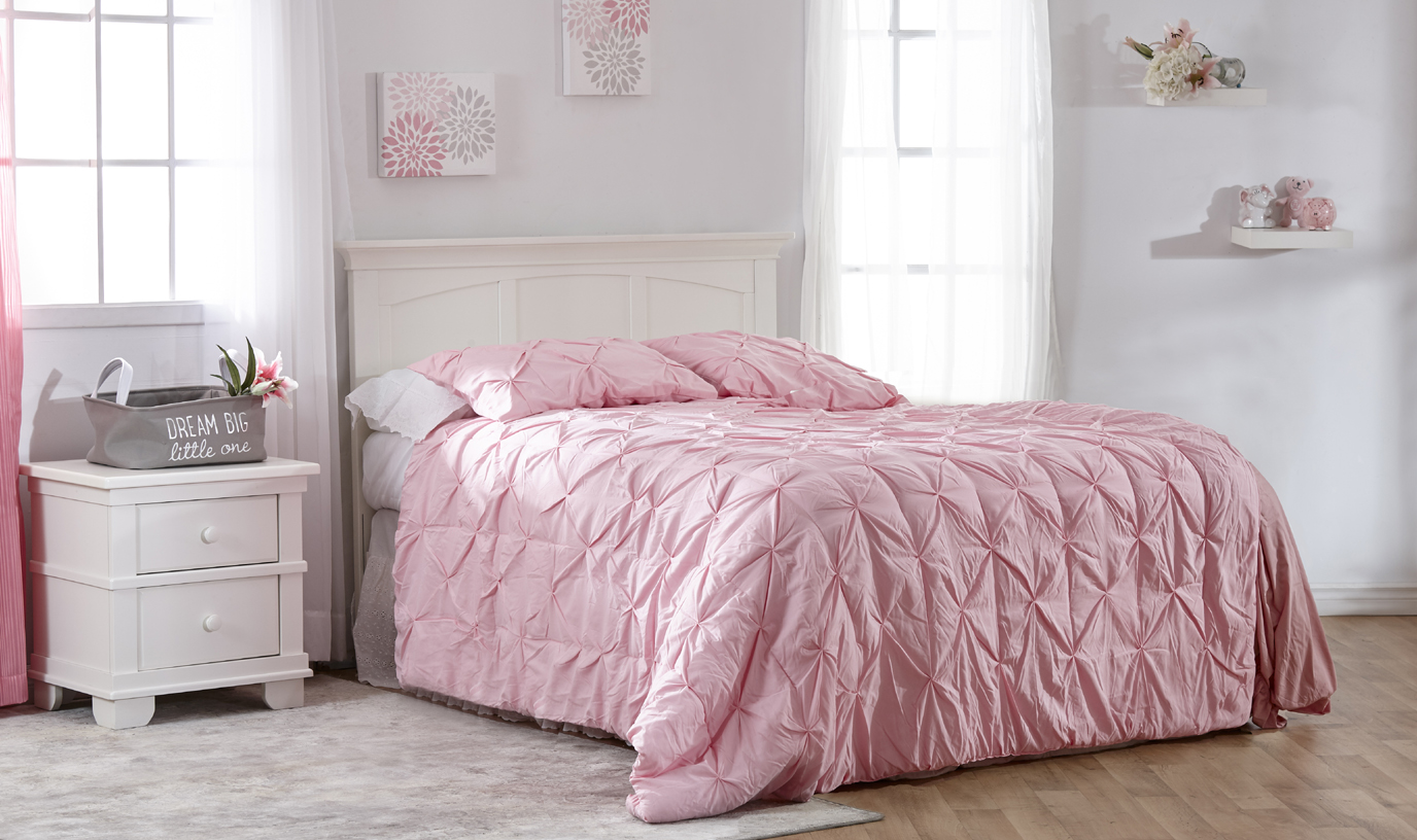 <b>2300 Torino Full Panel Full-Size Bed</b> – 6666 Low Profile Footboard – 1314 Torino Nightstand – White.