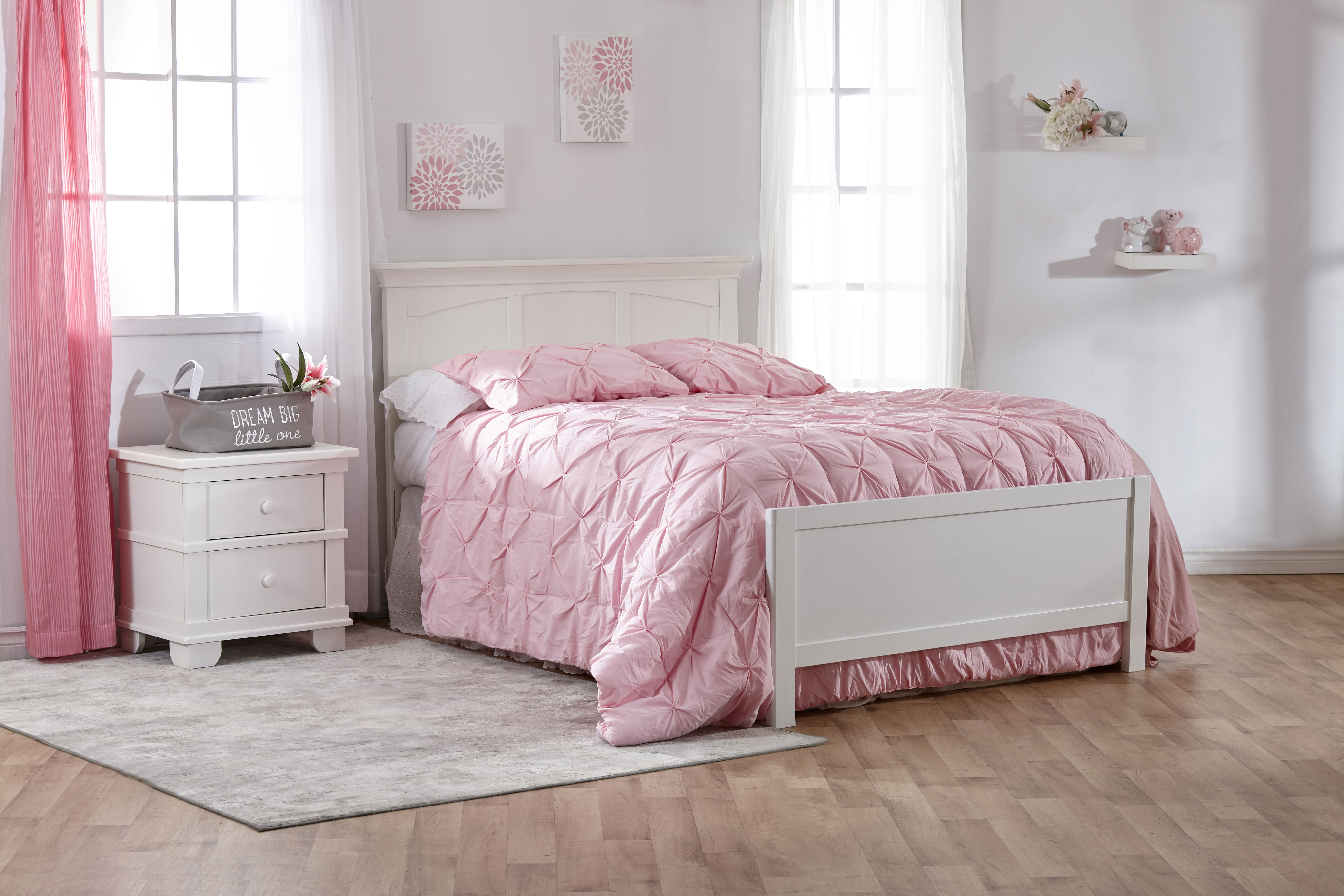 <b>2300 Torino Full Panel Full-Size Bed</b> – 6666 Low Profile Footboard – 1314 Torino Nightstand – White.