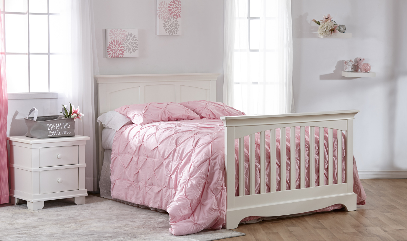 <b>2300 Torino Full Panel Full-Size Bed</b> – 6666 Low Profile Footboard – 1314 Torino Nightstand – White.